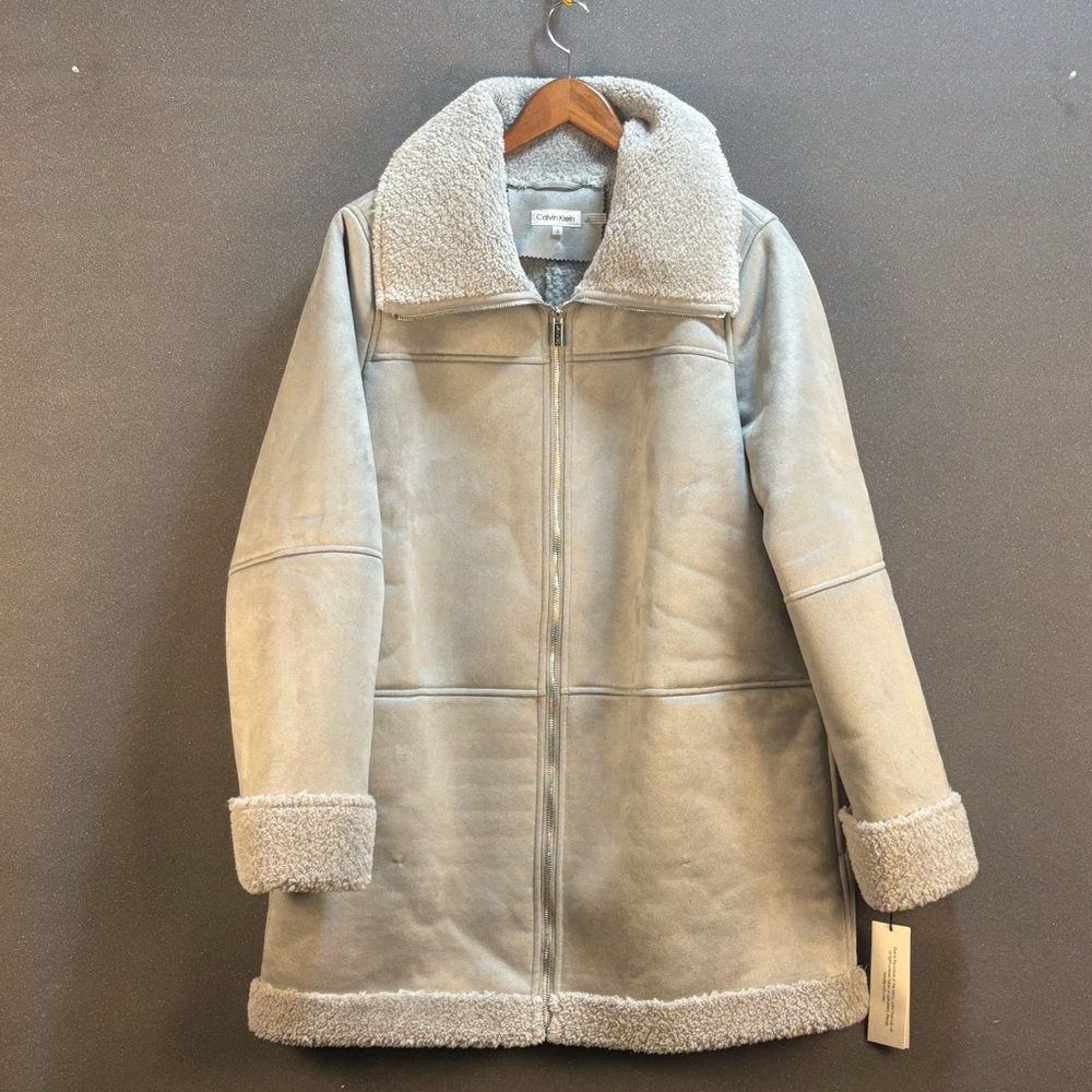 Calvin Klein‎ Rolled Cuff Faux Suede Sherling Jacket Women's Large Gray Thick